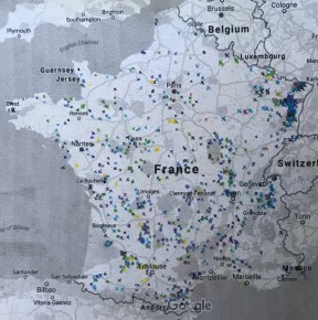 A map with carefully plotted exes marking the location of castles all over France