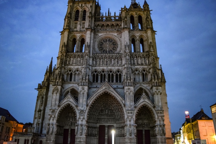 The front of the UNESCO rated Amiens Cathedral at dusk