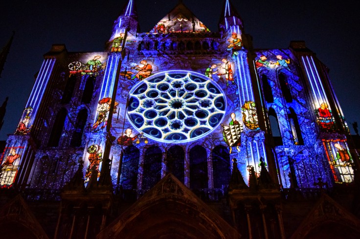 One side of the cathedral in Chartres lit up for the nightly light show