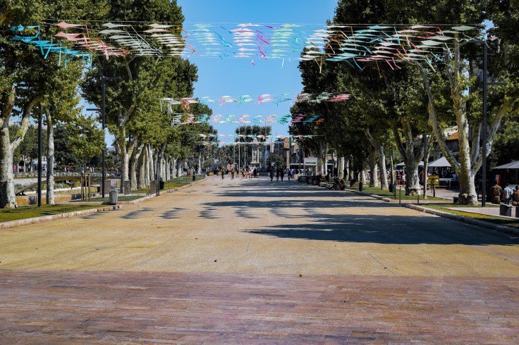 The walkway next to the canal lined with trees and framed with rows of brightly colored kites