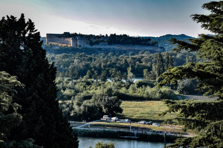 Fort Saint-Andre on a hill in the distance surrounded by trees