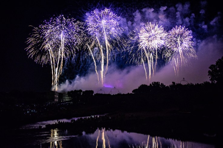 Purple fireworks over the chateau comtal in Carcassonne on the 14th of July